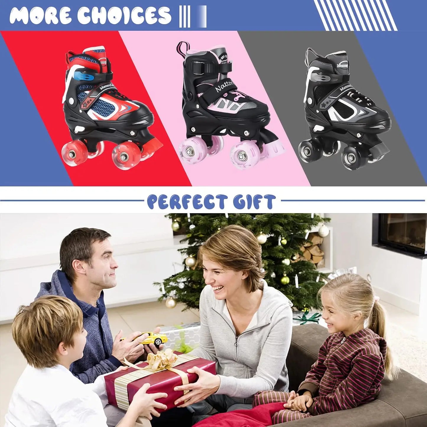 Adjustable Kids Roller Skates with Light-Up Wheels, 4 Sizes for Boys Girls Beginners Indoor Outdoor Fun