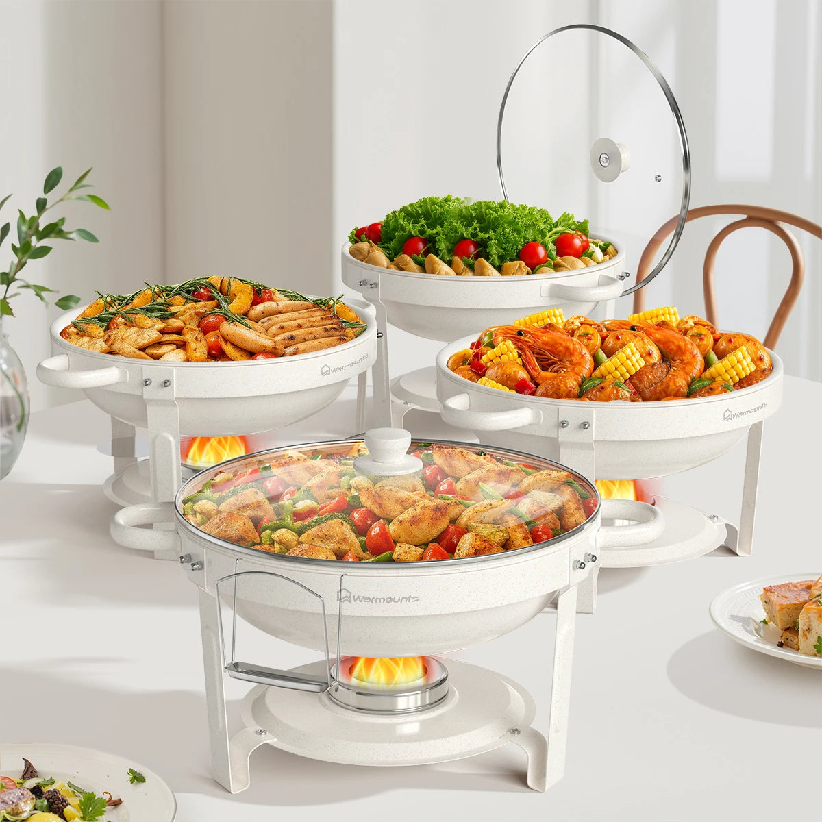 2/4Pack 5QT Fully Coated Round Chafing Dishes Buffet Set with Glass Lid White Style Chafer Water Pan