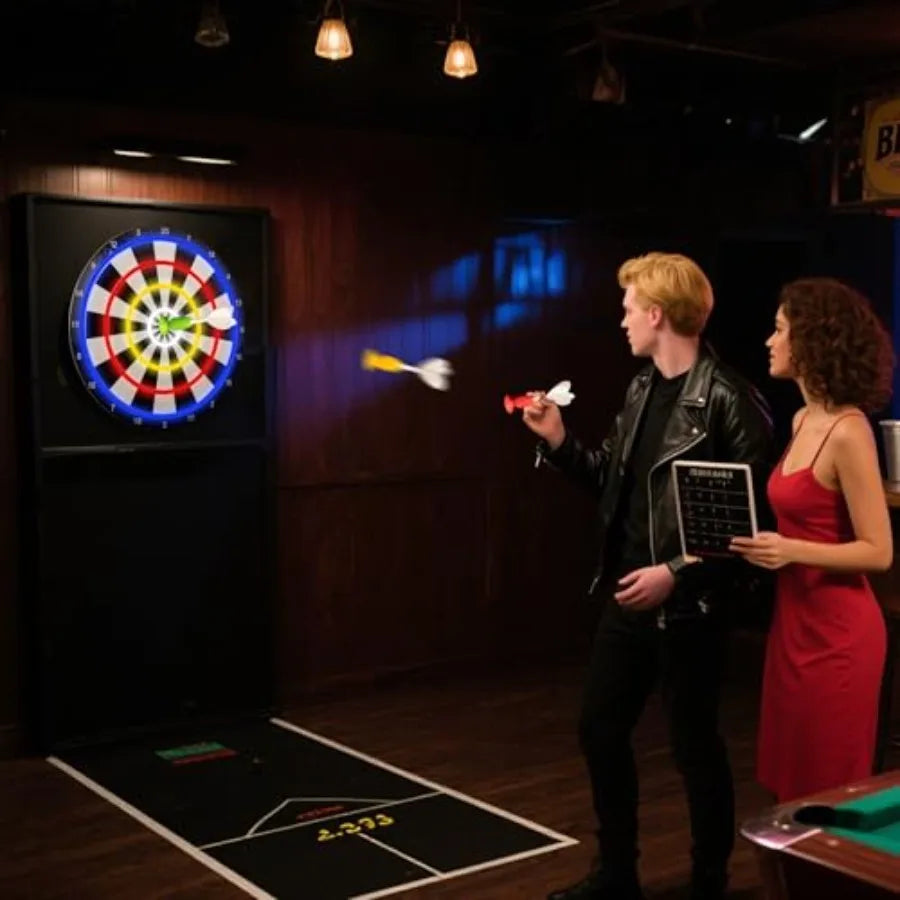 LED light-up dartboard for game room wall decor, ABS plastic, black with blue backlight, safe suction cup darts included