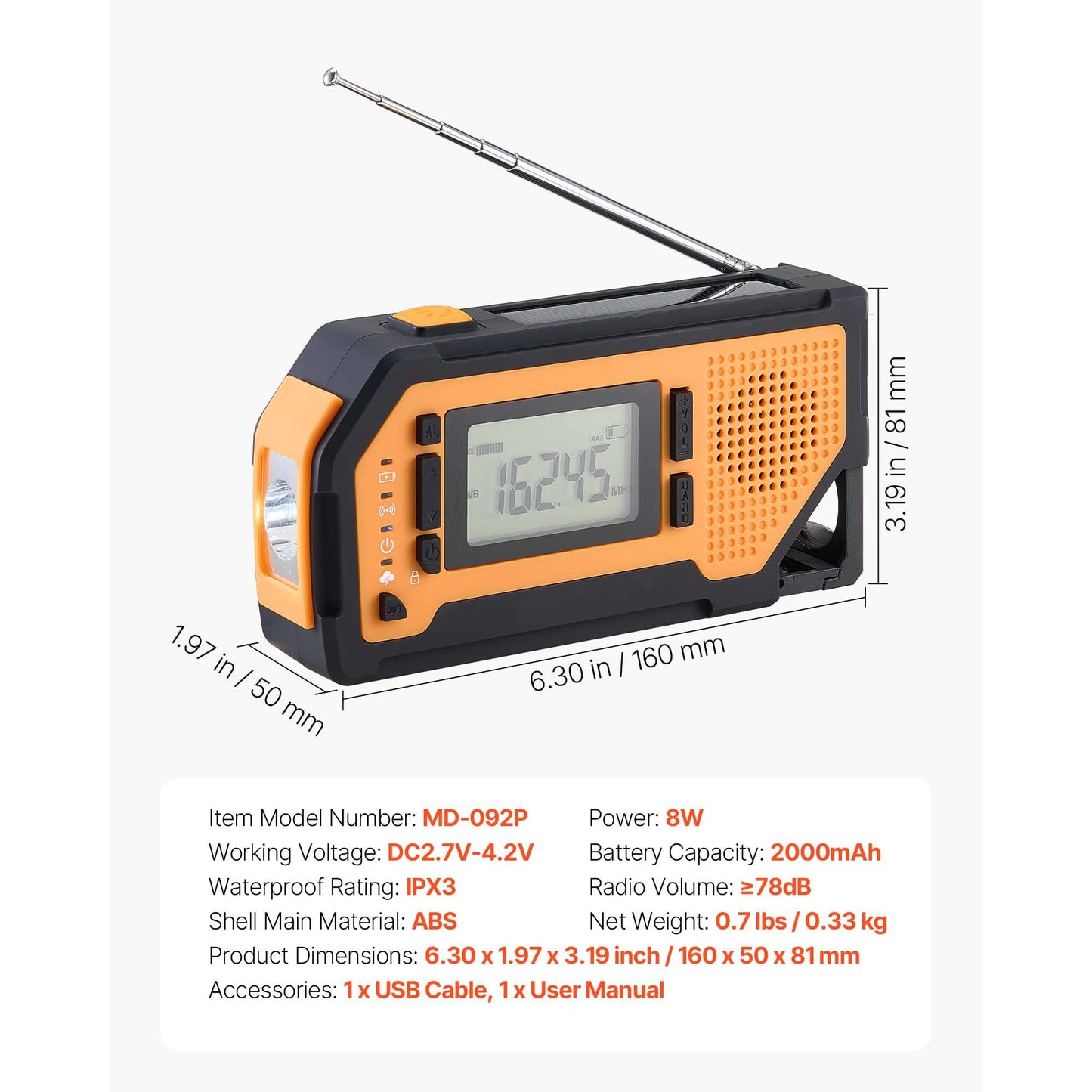 SucceBuy Emergency Weather Radio FM/AM/WB/NOAA Alert Solar Hand Crank Emergency Radio w/ USB Charging Cable SOS Alarm Flashlight