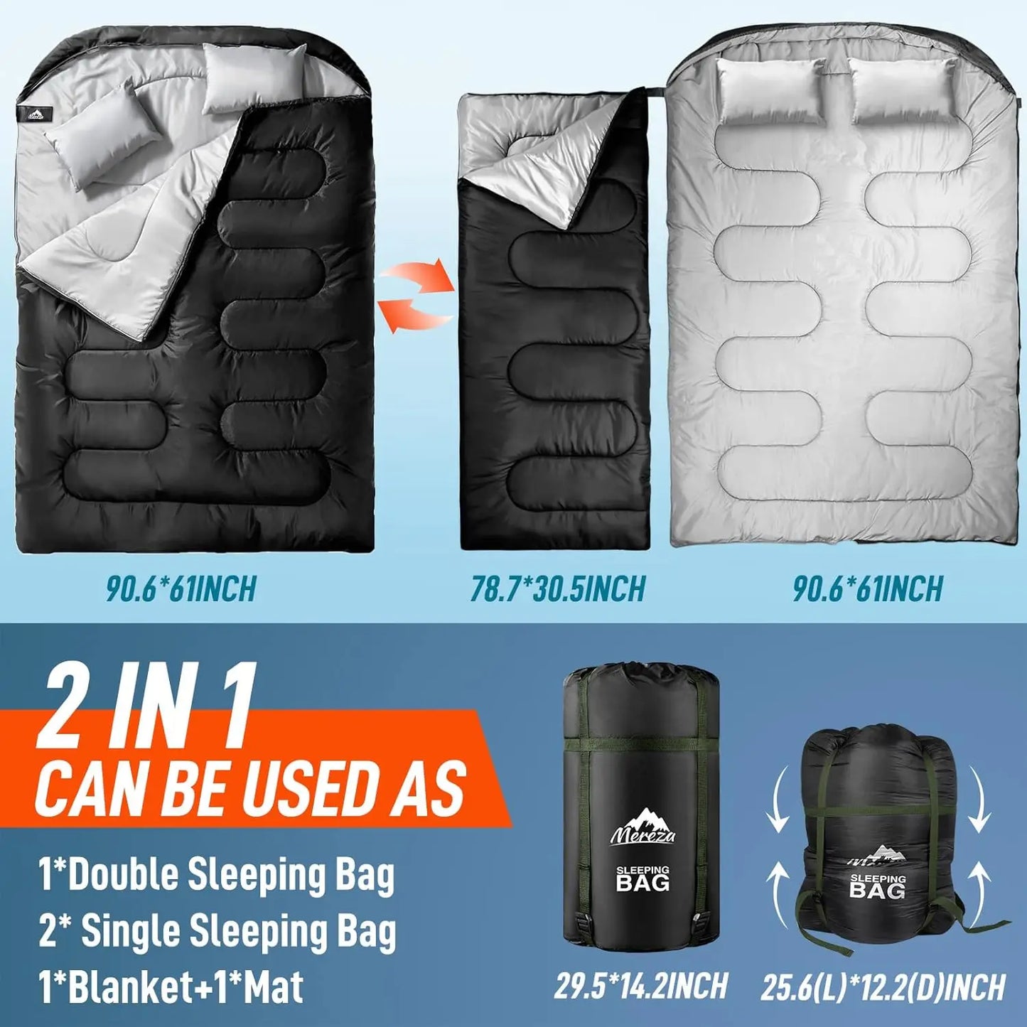 XL Queen Size Double Sleeping Bag with Pillow for Two Adults, All Season Camping Hiking Backpacking