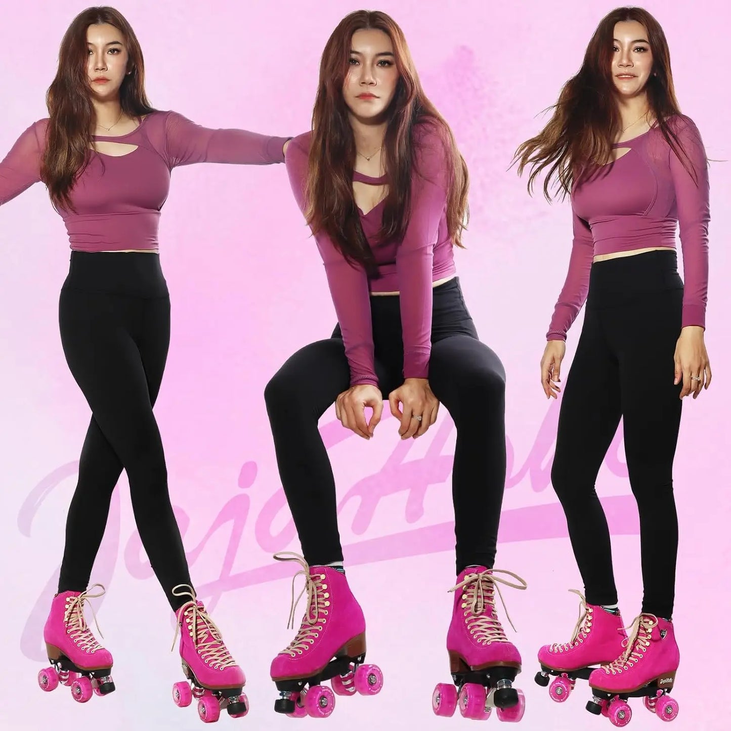 Fuchsia Quad Roller Skates for Women and Girls, High-Top Suede Leather, LED Light-Up Wheels, Indoor Outdoor Use