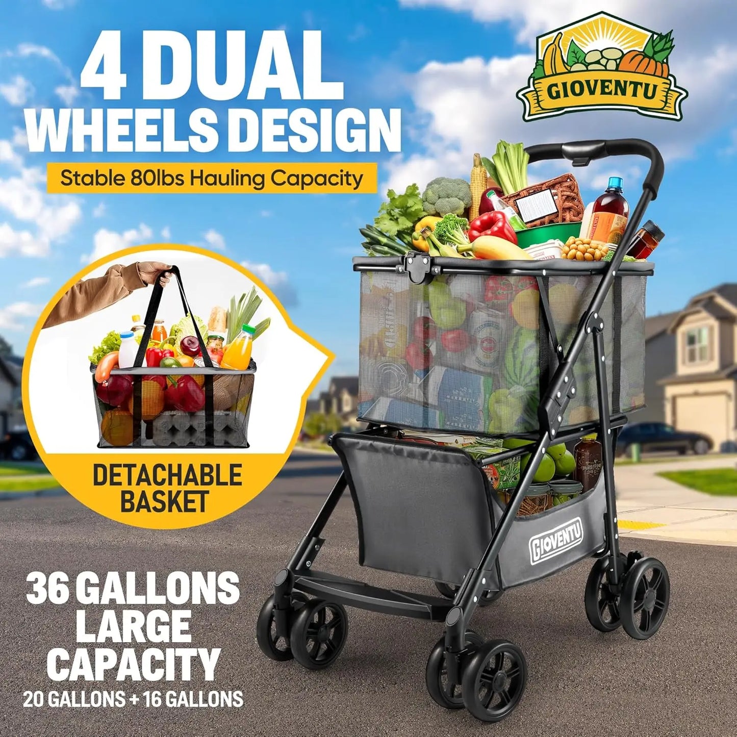 šš¦š©š«šØšÆšš ššš«š¬š¢šØš§ Folding Shopping Cart for Groceries, 80lbs Collapsible Grocery Cart with Removable Basket and Sw