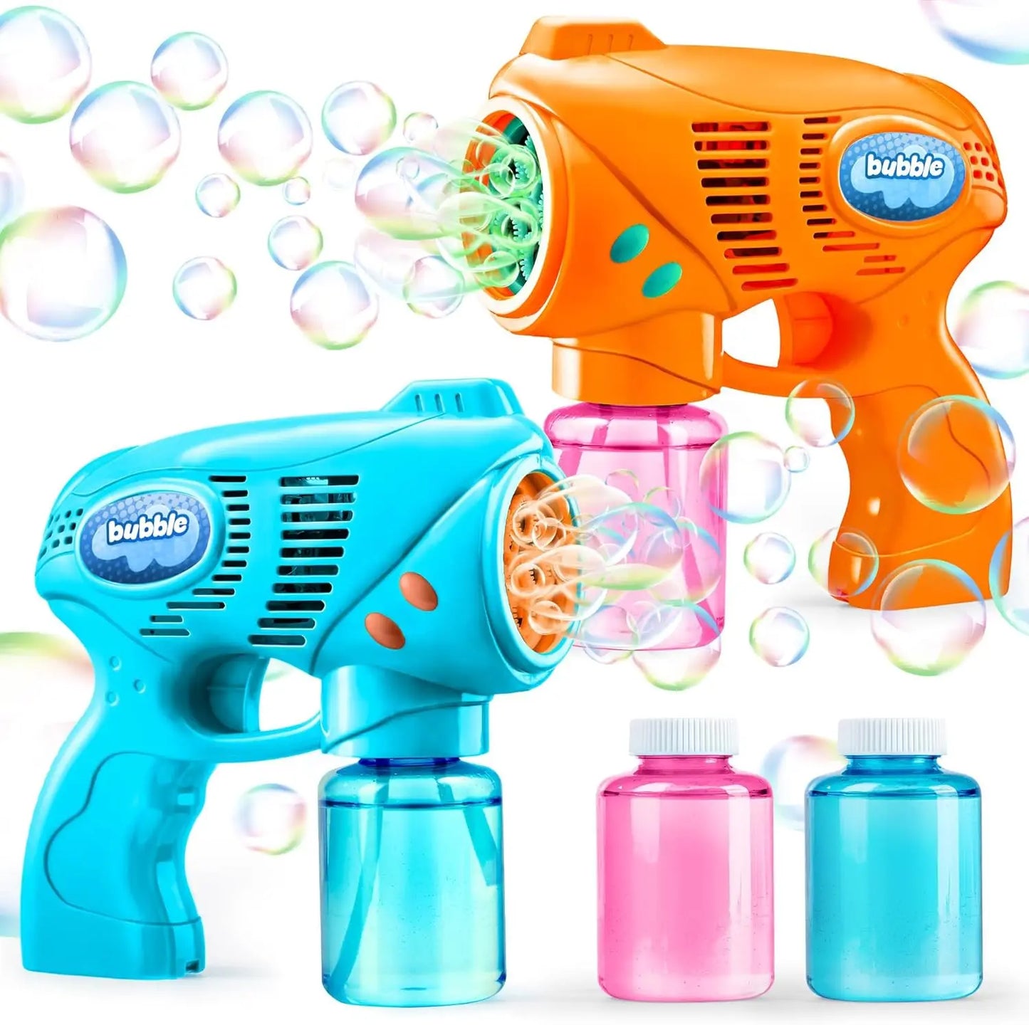 JOYFY 2 Bubble Guns with 2 Bottles Refill Solution Bubble Machine Gun for Kids Summer Party Outdoors Activity Birthday Gift