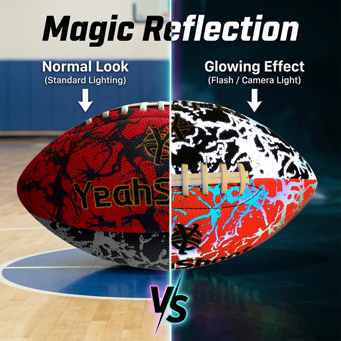 New Holographic Reflective Football Size 9-Glow in The Dark Premium American Football with Stunning Luminous Rugby Durable Grip