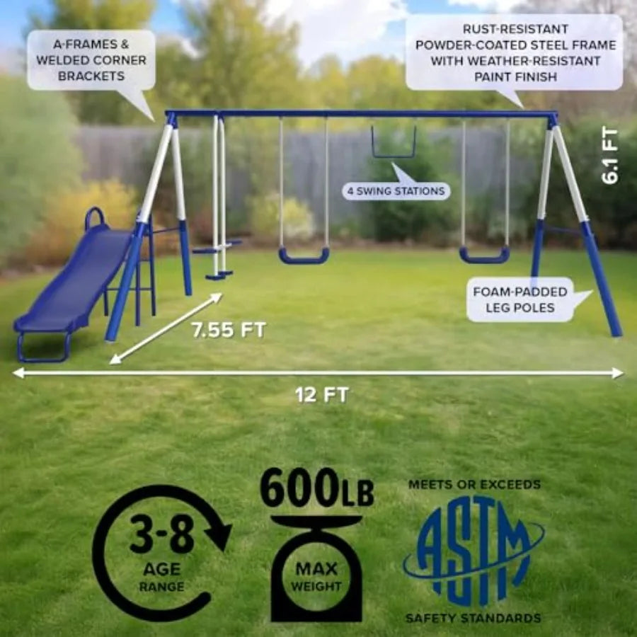 Arcadia Metal Swing Set for Trapeze 2-Person Glider 5ft Slide Anchor Kit 6.1' Durable Steel Frame Outdoor Backyard Playset with