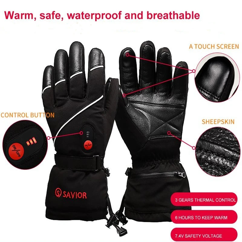Savior Heat Winter Heated Gloves for Women Electric Heating Ski Gloves Men Leather Glove for Sports Rechargeable Battery Thermal