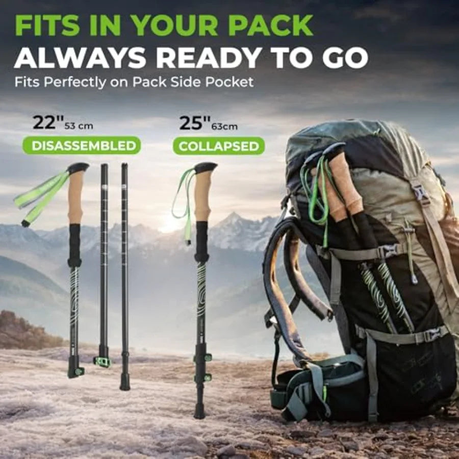 3K Carbon Fiber Trekking Poles 210g - Pair of Ultralight Hiking Poles with Cork Grips, Collapsible Telescopic Walking Sticks, M