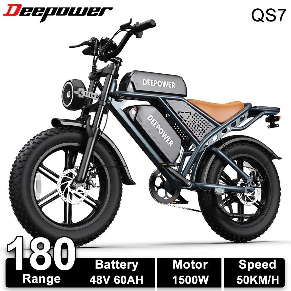 DEEPOWER QS7 Adult Electric Bike 1500W 48V 60Ah Dual Battery Off-Road Electric Bicycle 20 Inch Dual Suspension All-Terrain Ebike