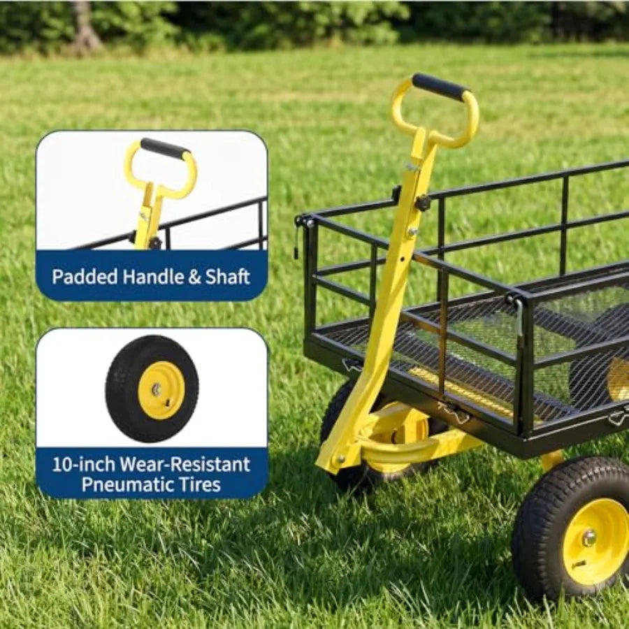 Heavy Duty Steel Garden Cart for outdoor use black steel 1200 LBS capacity 10-inch tires 180 rotating handle ATV/tractor compat