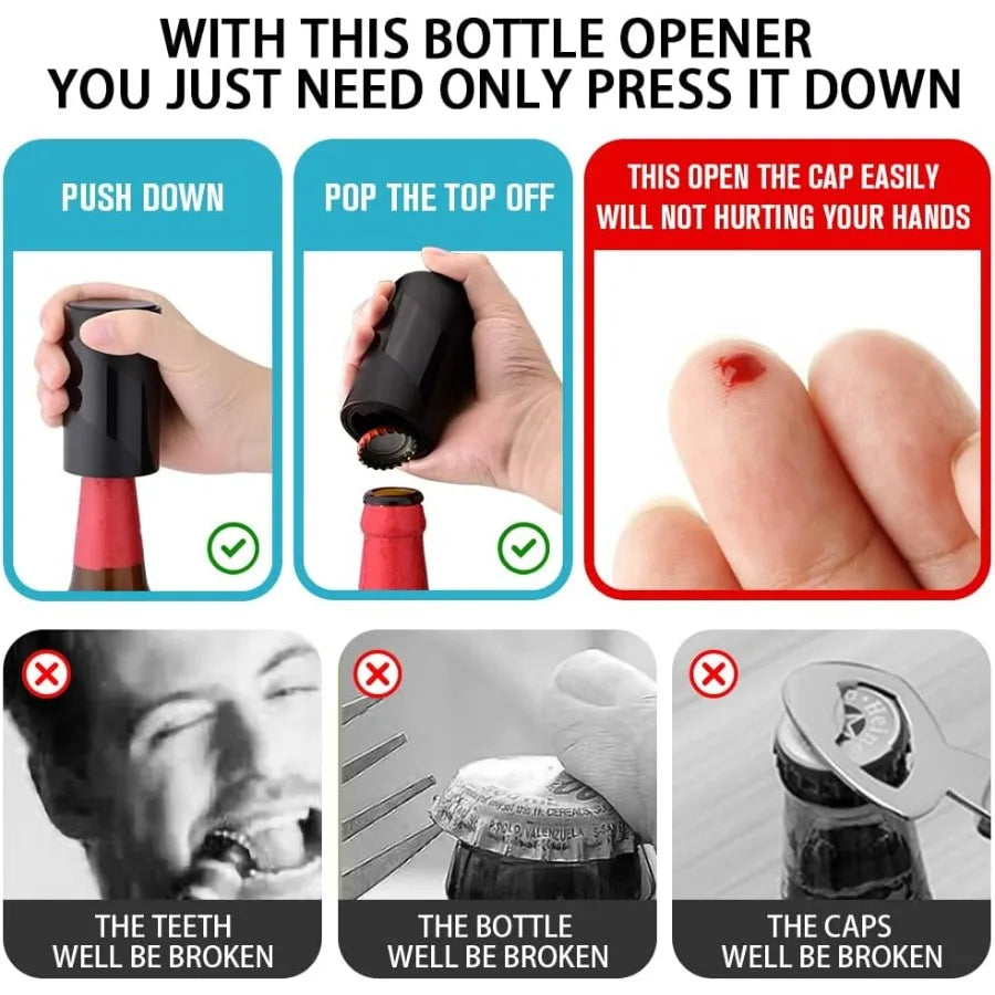 2 PACK Push Down-Pop Off Beer Bottle Opener with Magnetic Cap Catcher No Damage to CapsAutomatic Decapitator Beer/Soda Magnet B