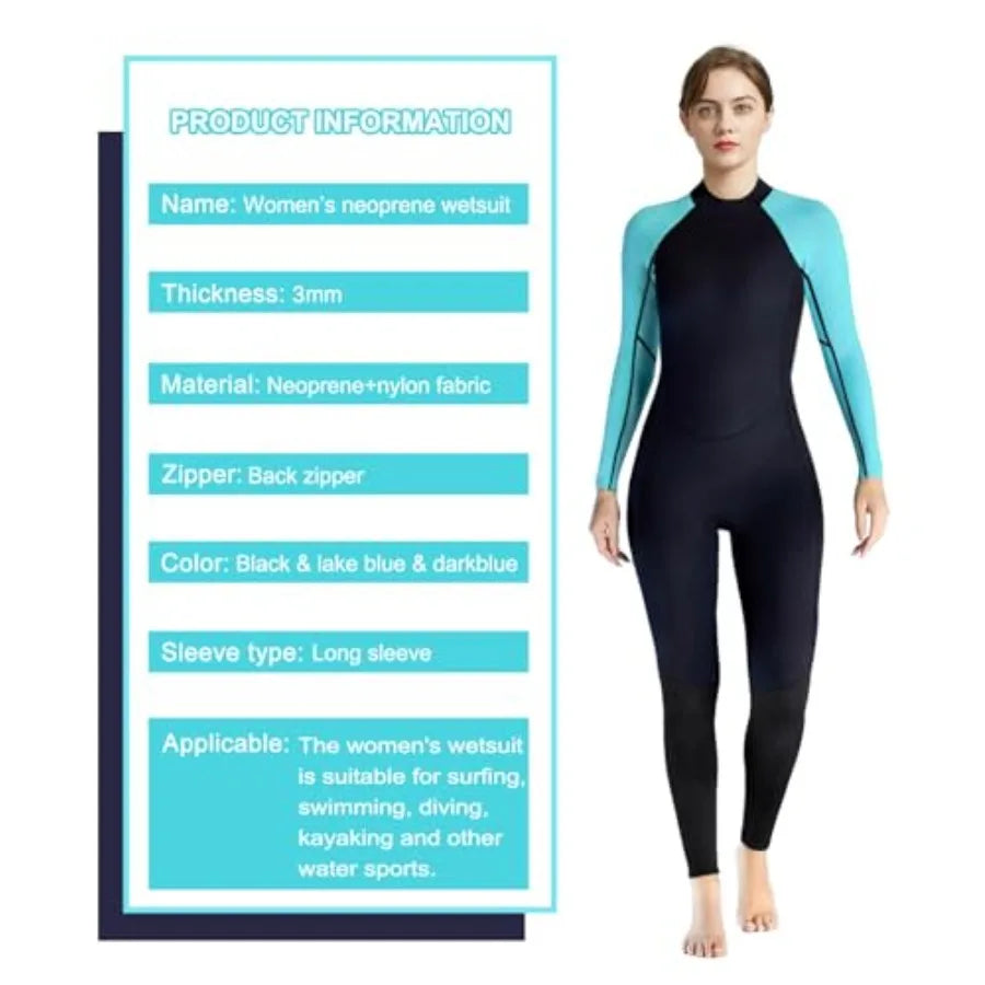 Womens Neoprene Full Wetsuit 3mm for Cold Water Swimming, Surfing, Snorkeling, Diving Black, Thermal Insulation, Flexible Fit