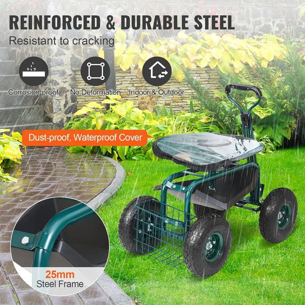 360° Swivel Garden Cart with Seat, Rolling Workstation, Patio and Yard Utility Scooter, Green