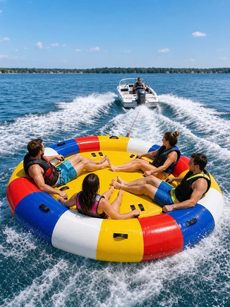 10x10FT Inflatable UFO Towable Tube for 6-8 Riders, Disco Boat Party Float, 0.9mm PVC with Electric Pump, Bag & Repair Kit