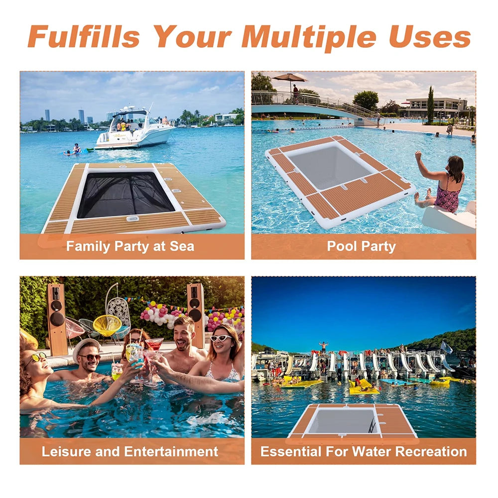 13FT Inflatable Pool Float Platform, Thick PVC Floating Dock with Non-Slip EVA Surface, Inflatable Floating Dock for Yacht/Boat