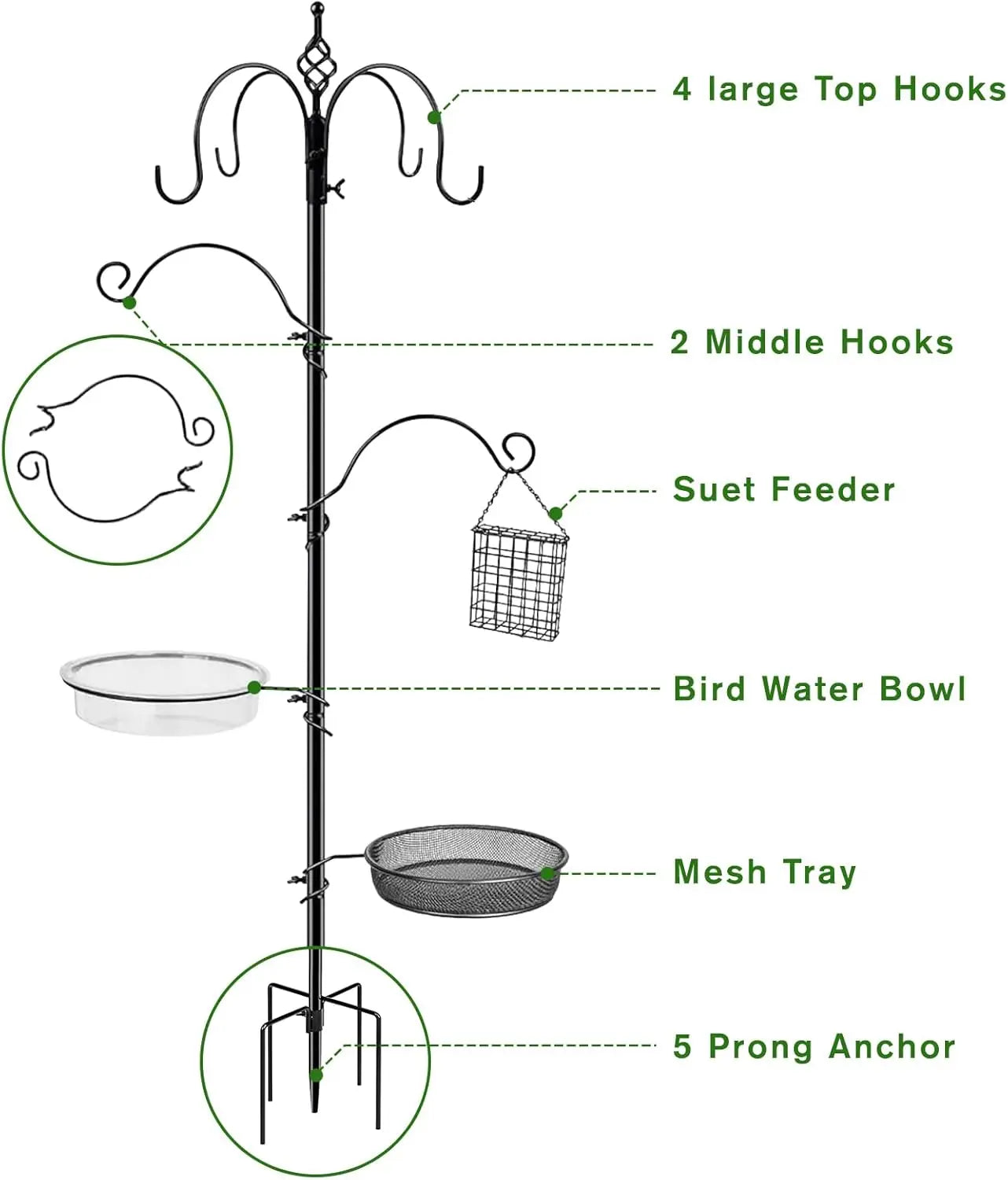 90.55in 6-Hook Bird Feeder Stand with Water Tray, Easy Assembly for Outdoor Gardens (Black)