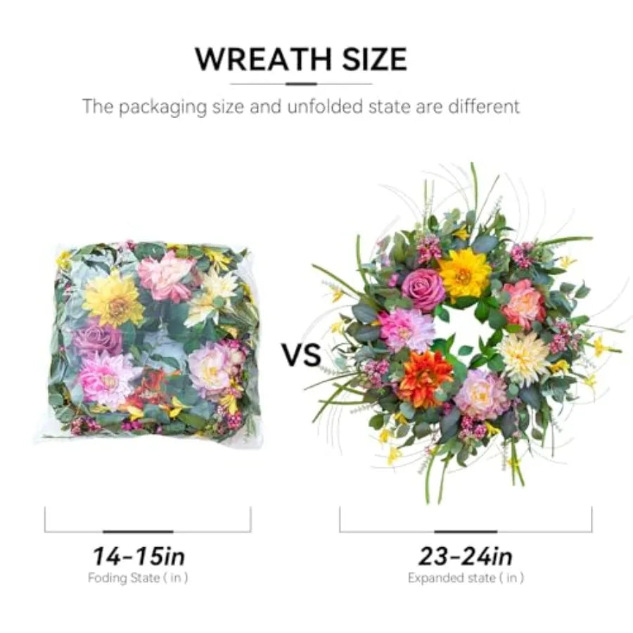 Spring Summer Wreaths for Front Door Outside 24 Inch, Floral Door Wreath with Peony Dahlia Rose, for All Season Easter Indoor O