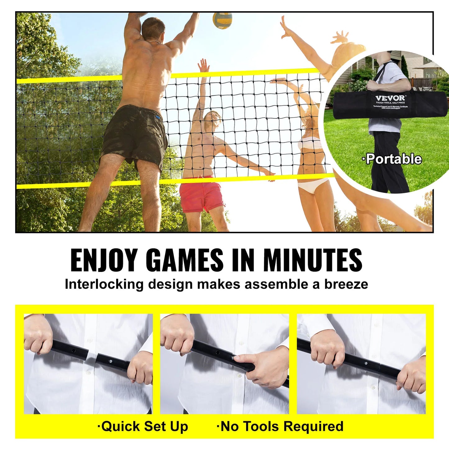 SucceBuy Outdoor Volleyball Net System Adjustable Height Steel Poles with PVC Volleyball Pump Carrying Bag for Backyard Lawn