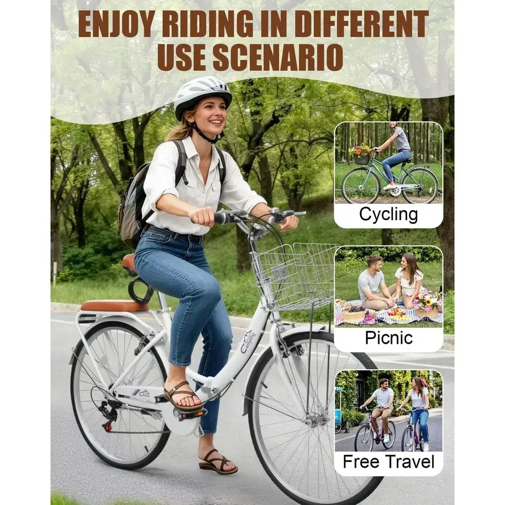 24-26 Inch Adjustable Beach Cruiser Bike with 7-Speed, Lock, Comfortable Seat, Basket, and Ergonomic Handlebars for Adults