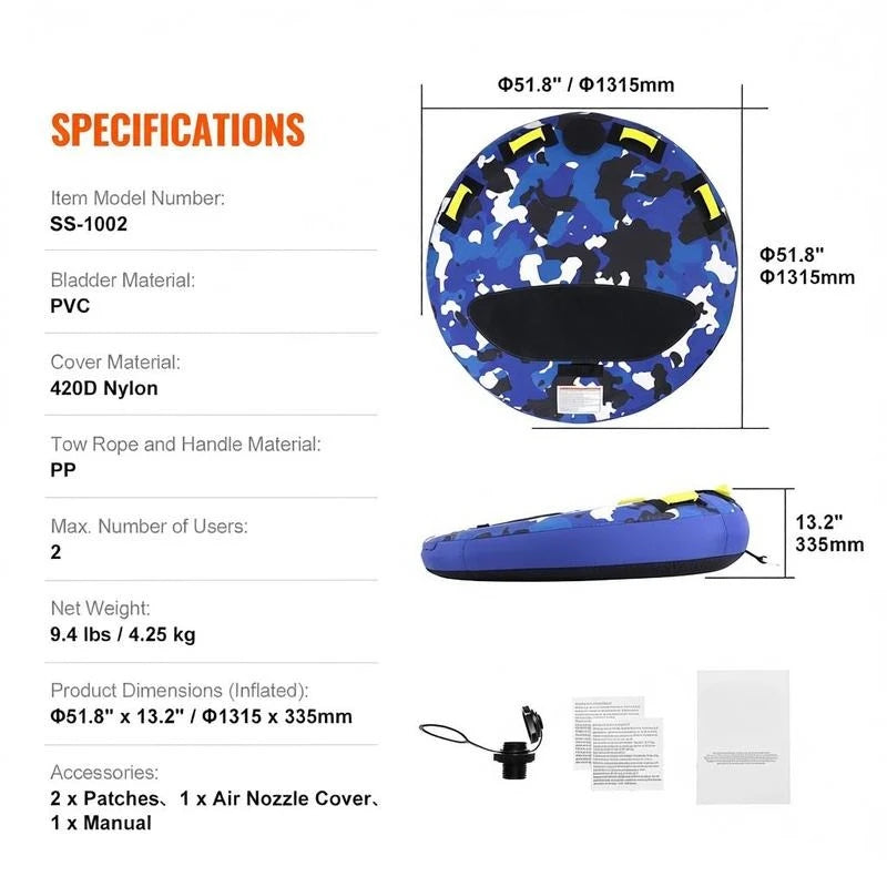 Inflatable Water Sled 51.8" For Lake River Ocean, 1-2 Person Capacity 340lbs Load Round Heavy Duty Nylon Cover EVA Foam Handles Speed Safety Valve