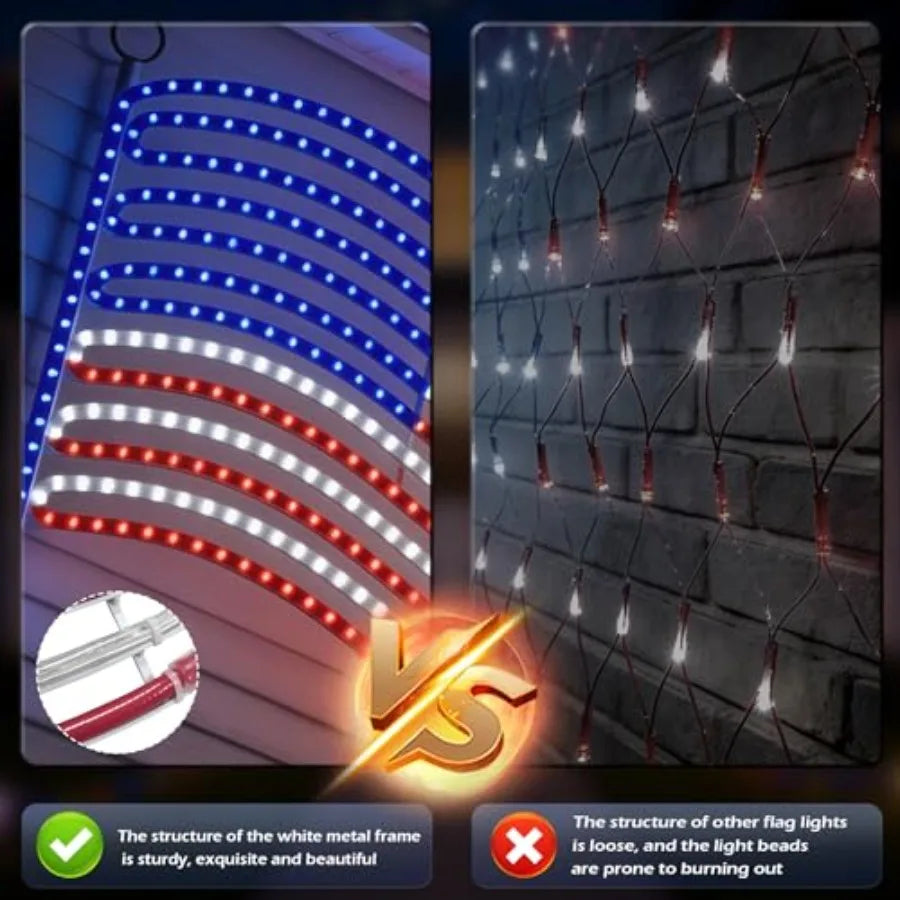 LED American Flag Lights for Wall Pole Light Up US Flags 24"x21.65" Lighted Flag with 340 LEDs Red Blue White Colors Waterproof
