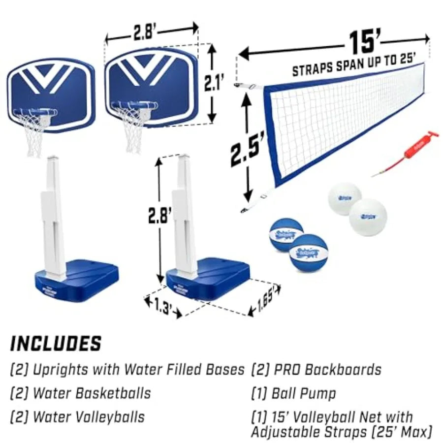 Splash Hoop 2-in-1 Full Court Pool Basketball Volleyball Game Set Durable Vinyl Material Blue and White Color Quick Setup and P