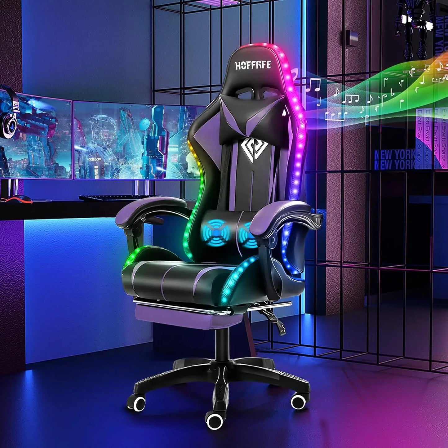 RGB Gaming Chair with Speakers Massage Computer Gaming Chair with LED Lights and Footrest High Back Video Game, Customized
