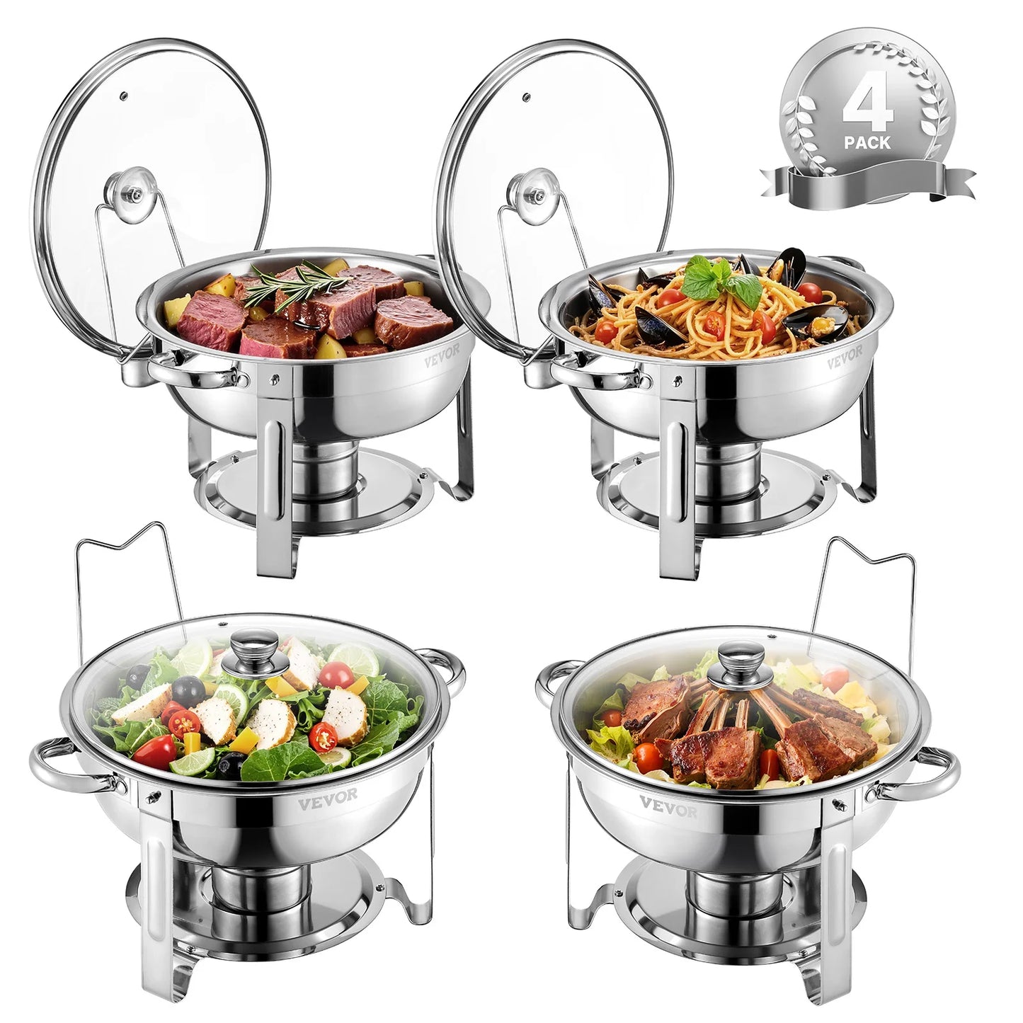 SucceBuy 5 Qt 2 4 Pack Round Chafing Dish Buffet Set Stainless Steel Chafer w/ 4 Full Size Pan Catering Warmer Server for Party
