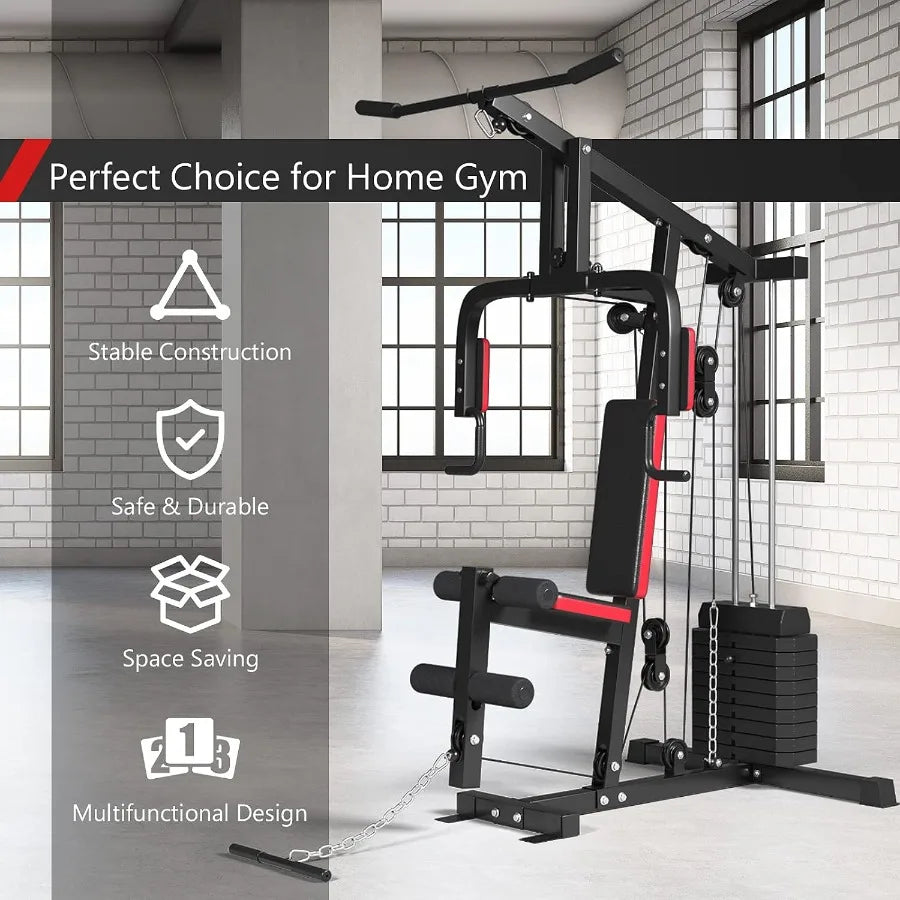 Multifunction Home Gym System, Workout Station with 100LBS Weight Stack, LAT Pulldown Machine Exercise Equipment for Total Body