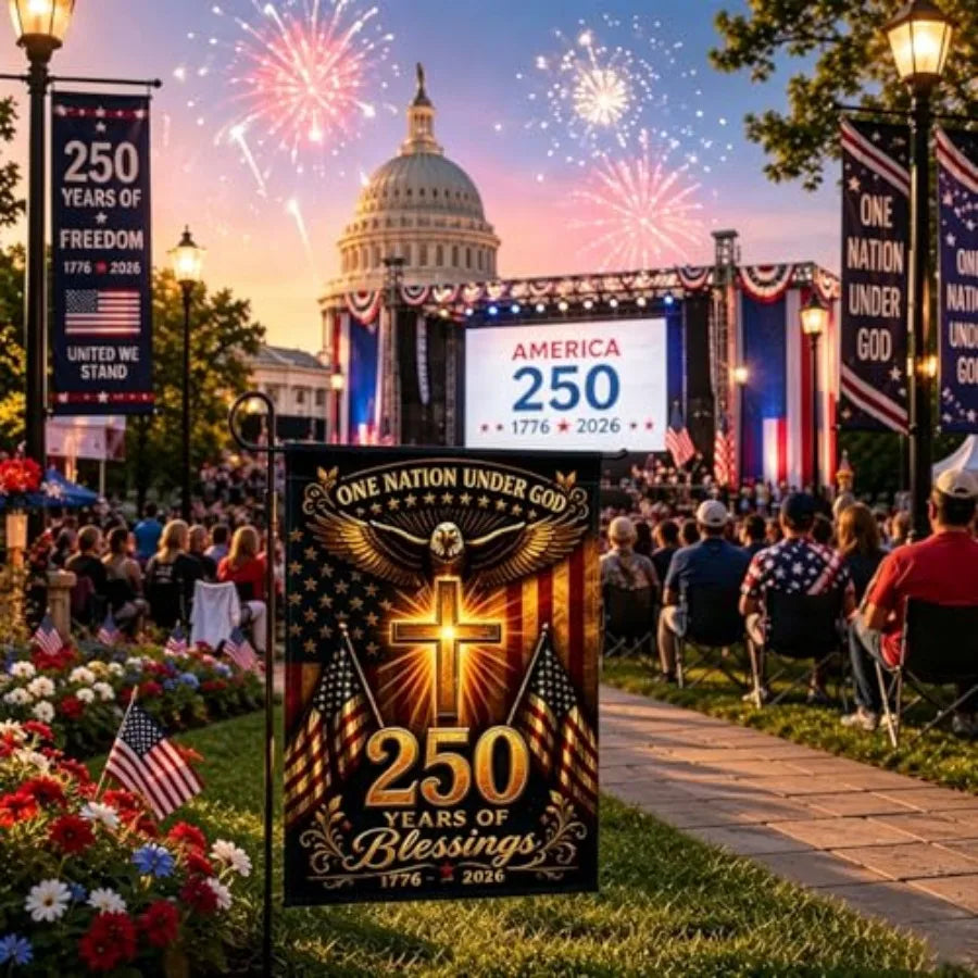 250 Anniversary USA Garden Flag, 250th Anniversary America Flag Double-Sided Waterproof Patriotic Eagle Cross Flag Christian Ou