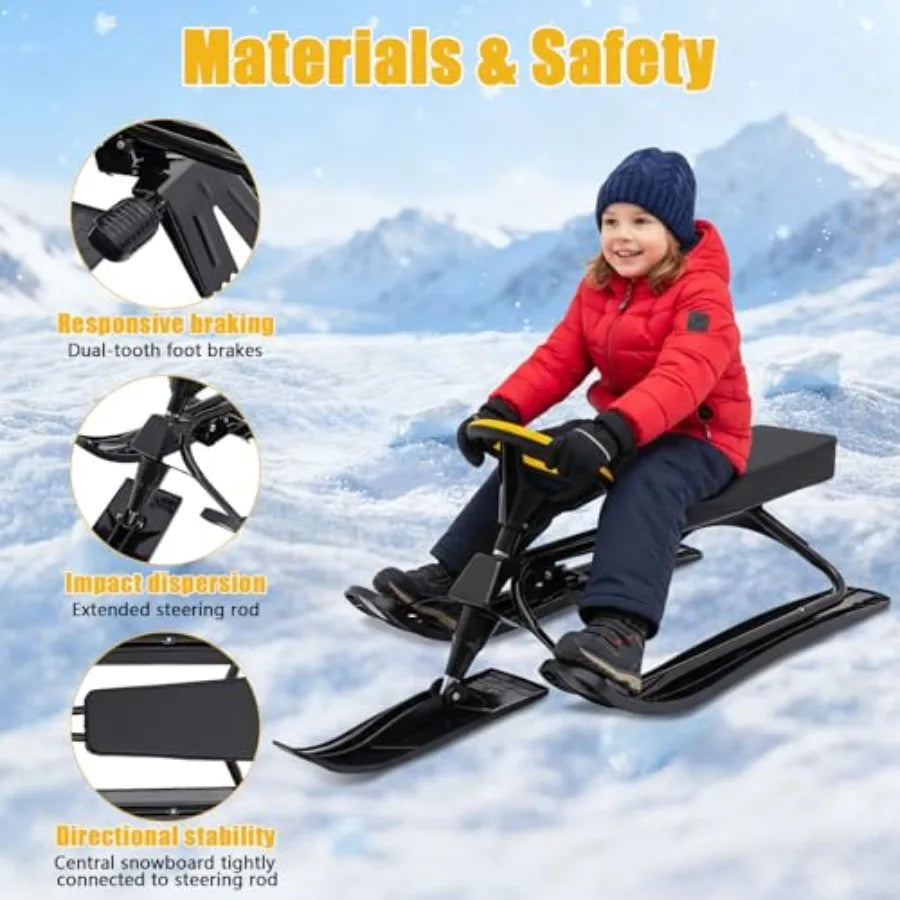220.5LBS Load Snow Racer Sled Kart Ski Sled Slider Board w/Foot Brakes 31.1In Baseboard Steel Frame Skiing Ride Outdoor Winter