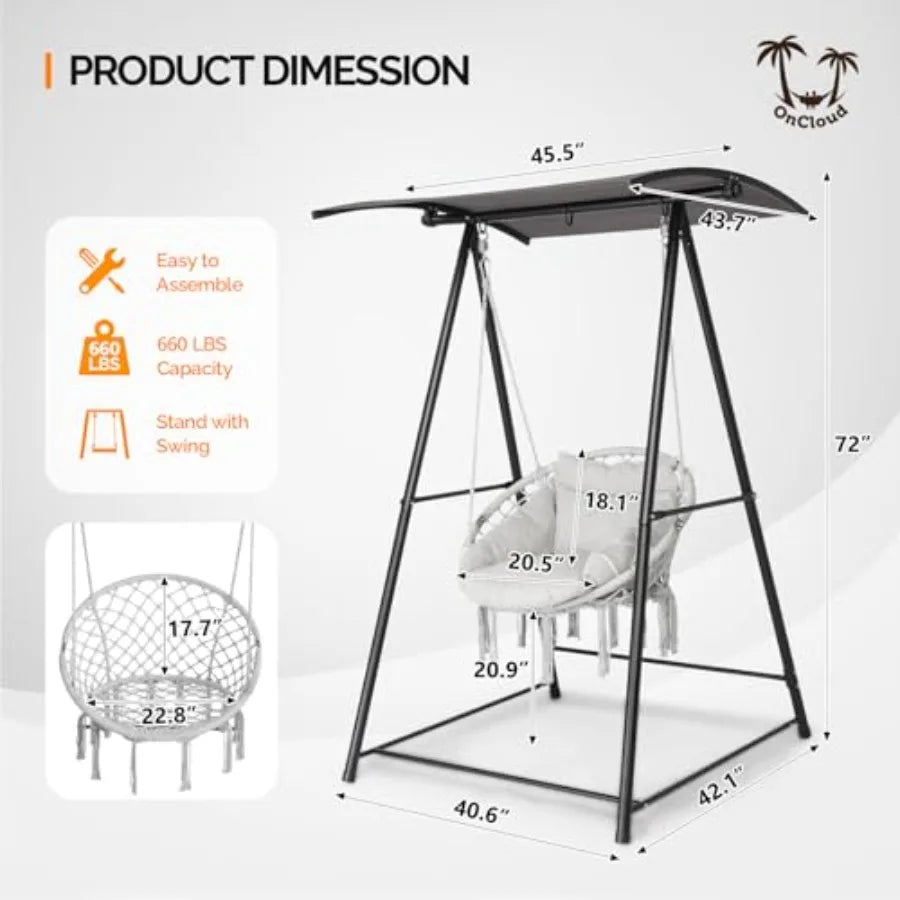 Hammock Chair with Stand Comfy Hanging Chair with Cushion Swing Stand with Canopy for Outside Heavy Duty 660LBS Hammock Chair S