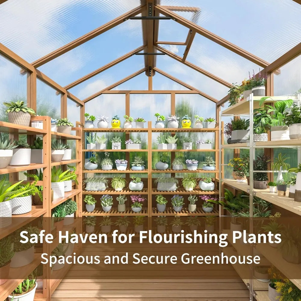 6x8FT Wood Frame Walk-in Greenhouse 6mm Twin-wall Polycarbonate Adjustable Roof Vent Garden Backyard, Custom