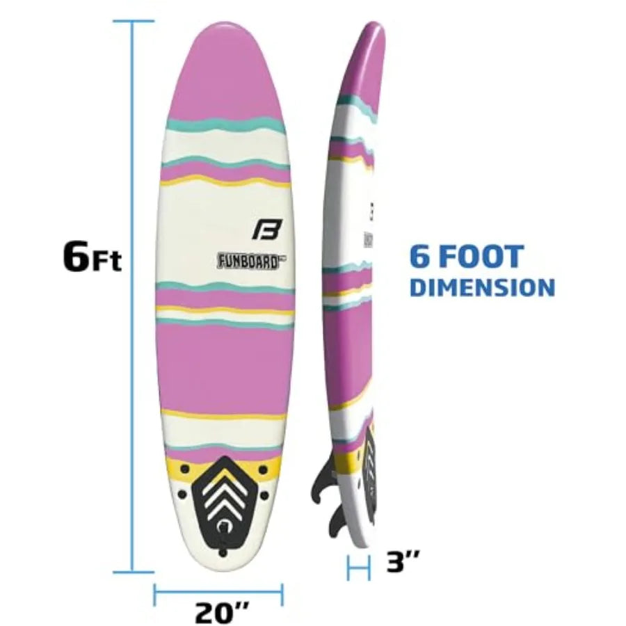 6' Funboard Softboard Foam Surfboard with 3 Fins 6' Foot Leash 2 Wood Stringers - Ideal for and Adults Beginners and Intermedia