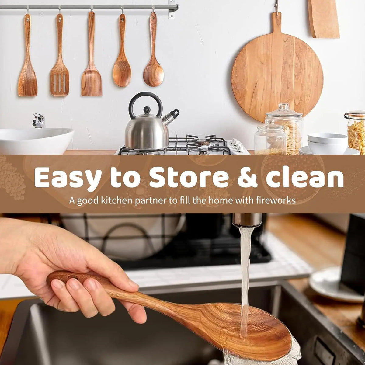 Natural Teak 5-Piece Wooden Utensil Set, Up to 13.4 Inch, Heat & Scratch Resistant, for Non-Stick Pans, Home & Restaurant