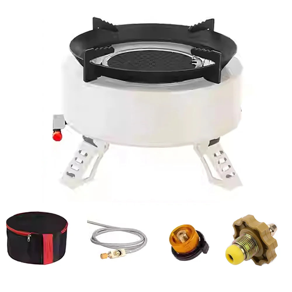 Portable outdoor burner cooking stove, camping backpack stove, with fuel canister adapter and piezoelectric igniter.