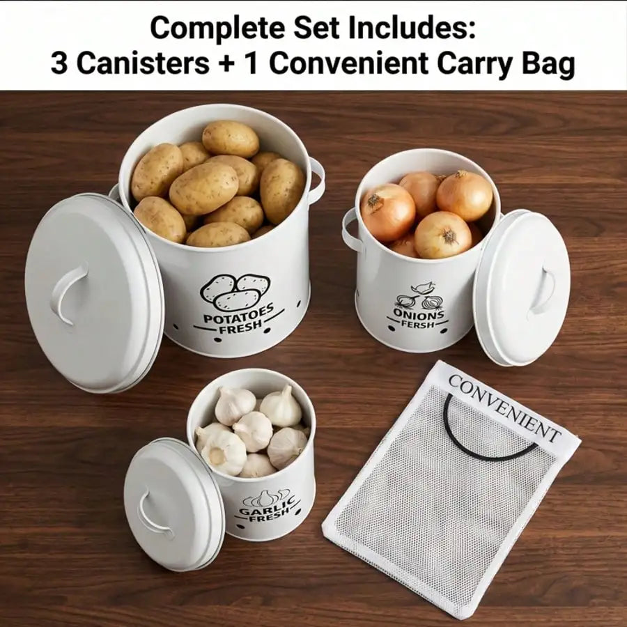 Potato Onion Garlic Storage Bin Set Farmhouse Rustic Black Metal 3-Piece Vegetable Storage Containers With Lids Aeration Holes Prevents Sprouting For Kitchen Counter Pantry Organizer Housewarming Gift Christmas Decor