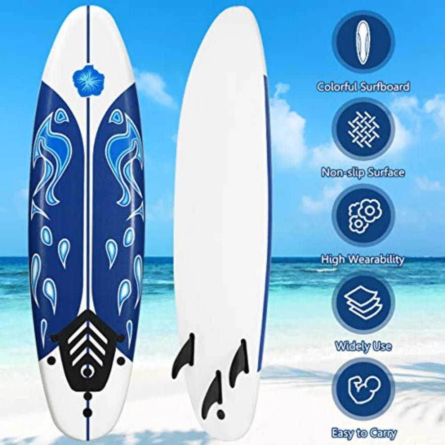 6 Ft Stand Up Surfing Board with 3 Detachable Fins Safety Leash Non-Slip Lightweight Foam for Teenager Adults Blue