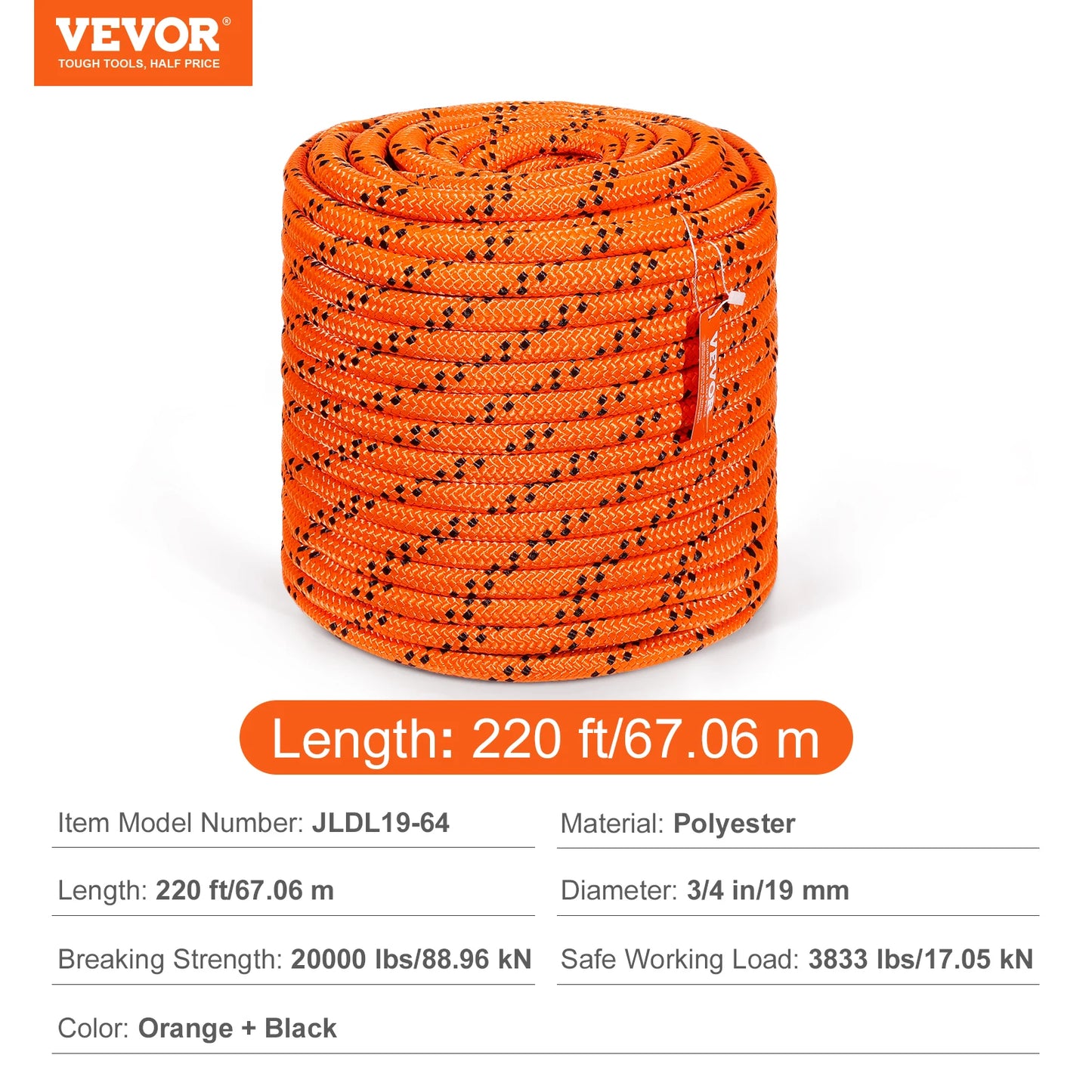 SucceBuy 220ft Dual-Weave Polyester Rope 48-Strand Outdoor Accessories Emergency Cord for Camping Swinging Rappelling Rescue