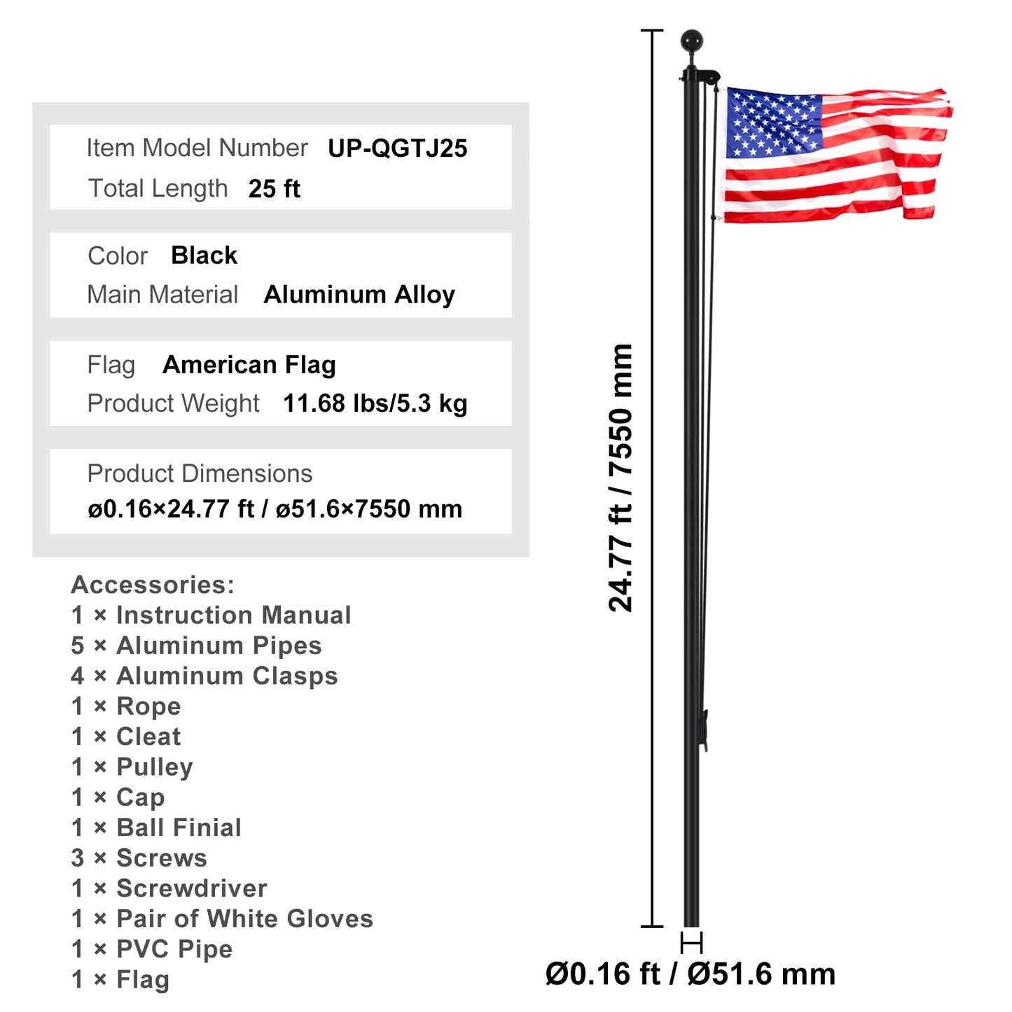 SucceBuy Sectional Flag pole Kit HeavyDuty AluminumAlloy in Ground 3 Display Modes Flagpole With American Flag Accessories
