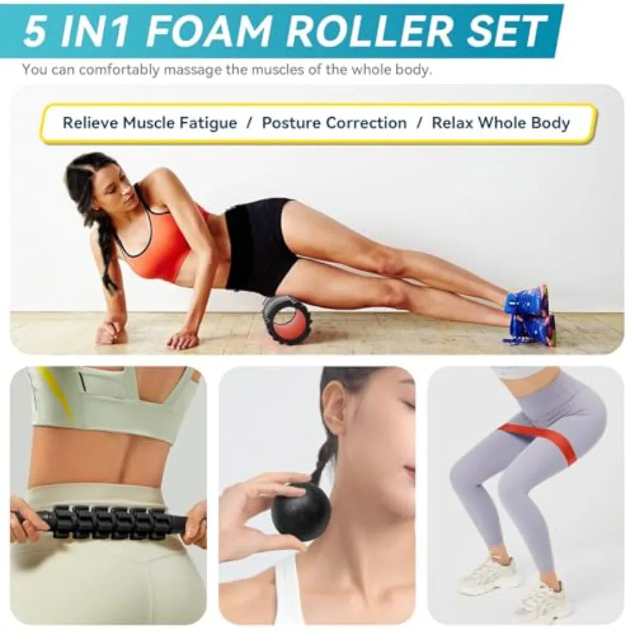 5-in-1 Foam Roller Set for Deep Tissue Recovery with High Density Black Exercise Roller Massage Ball Resistance Band Carry Bag