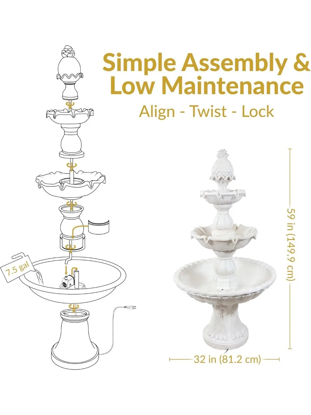 57" H Welcome 3-Tier Water Fountain - Large Electric Water Fountain with Pineapple Topper for Garden, Patio or Yard - White