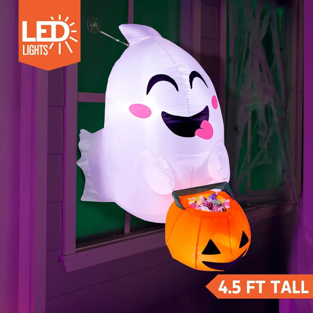 4.5 ft Tall Window Ghost Halloween Inflatable Outdoor Decorations Blow Up Halloween Yard Decorations Inflatable Decor Blow Up Ghost with Candy Basket for Window Decor