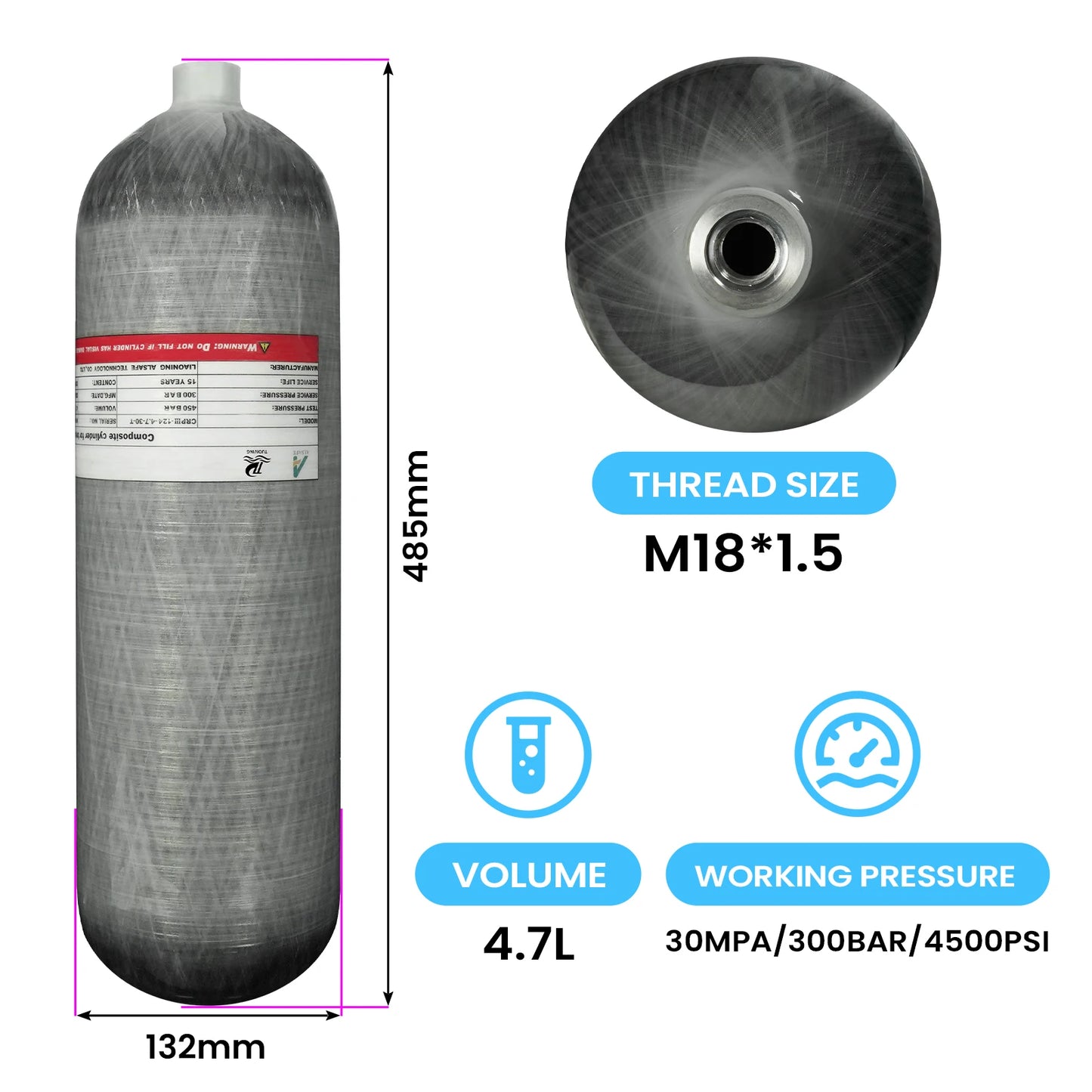 TUDIVING-4.7L Carbon Fiber Cylinder High Pressure Tank,4500Psi Diving Tank,30Mpa HPA Cylinder,Scuba Air Tank,Oxygen Tank