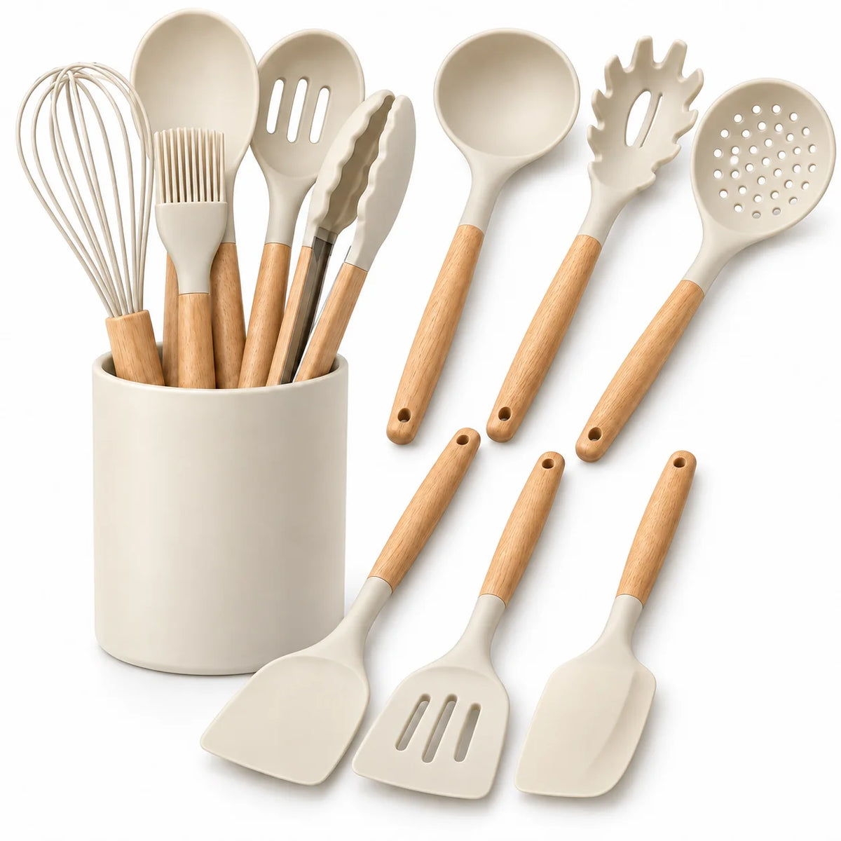 Silicone Kitchen Utensils Set with Holder Cooking Utensils Set Wooden Handles for Nonstick Pans Best Seller 2026