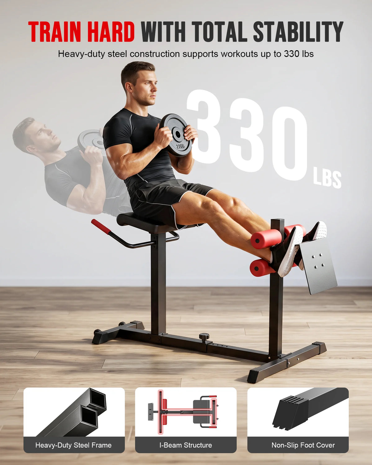 Roman Chair Back Extension Machine, Heavy Duty 330 LBS Hyperextension Bench,7-Level Length Adjustment for Different Heights, Dual Ankle Rollers, GHD Machine for Abs Glutes Hamstrings & Core, Home Gym