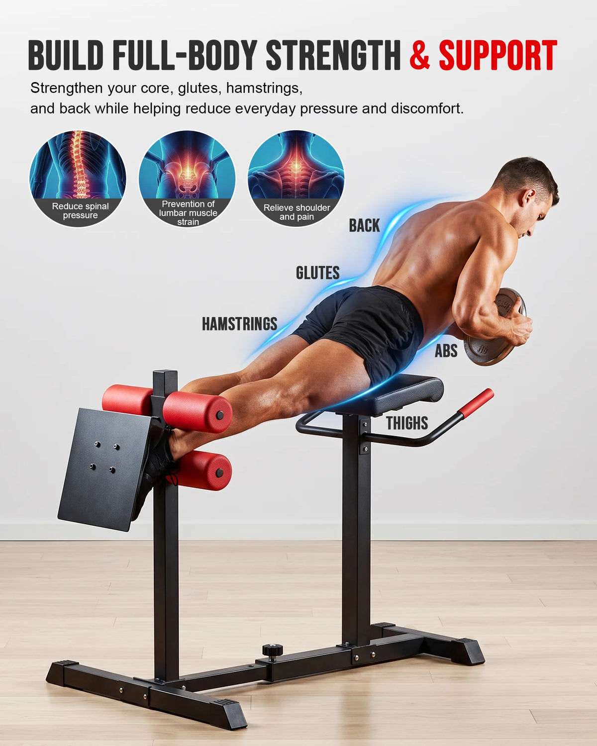 Roman Chair Back Extension Machine, Heavy Duty 330 LBS Hyperextension Bench,7-Level Length Adjustment for Different Heights, Dual Ankle Rollers, GHD Machine for Abs Glutes Hamstrings & Core, Home Gym