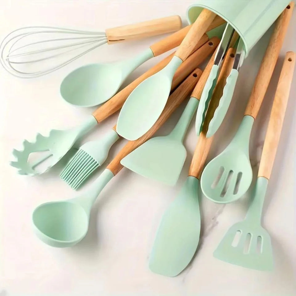 Silicone Kitchen Utensils Set with Holder Cooking Utensils Set Wooden Handles for Nonstick Pans Best Seller 2026