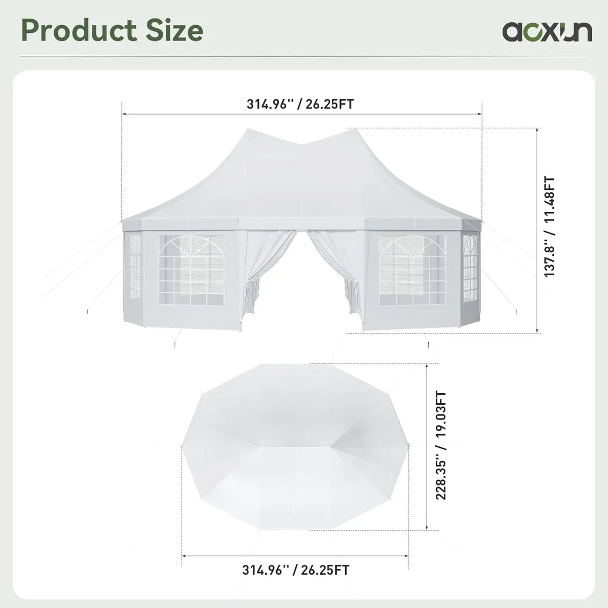 Aoxun 26x19ft Party Tent Canopy With 10 Hexagonal Heavy Duty Waterproof Event Awnings For Outdoor Weddings Business Terrace Parties Backyard Gatherings UV Protection