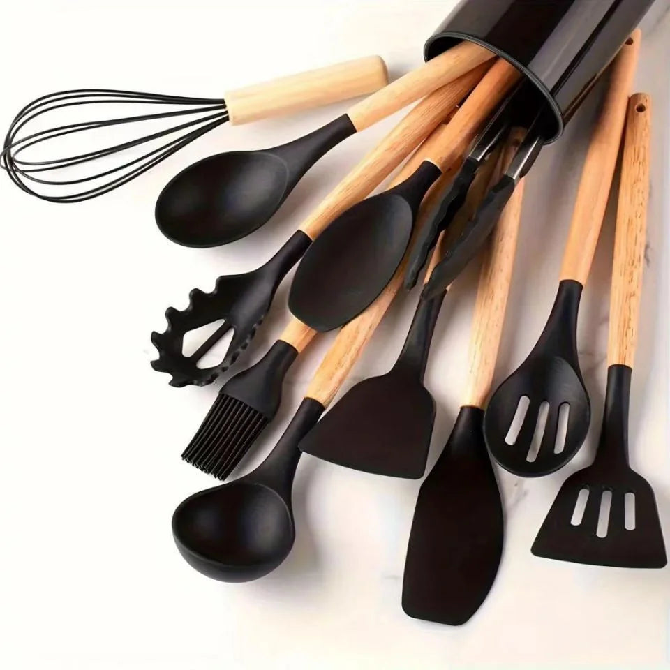 Silicone Kitchen Utensils Set with Holder Cooking Utensils Set Wooden Handles for Nonstick Pans Best Seller 2026